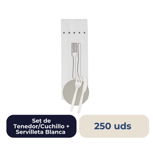Set de Tenedor/Cuchillo + Servilleta Blanca 250 unidades