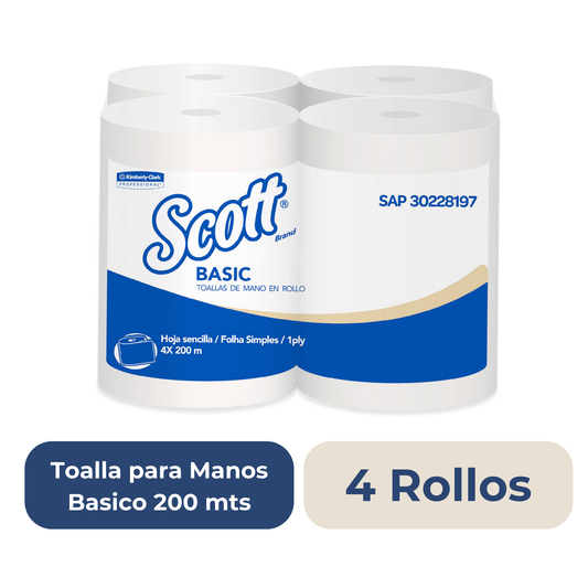 Toalla Basic Rollo Scott 1 Ply 200mts 4 Rollos